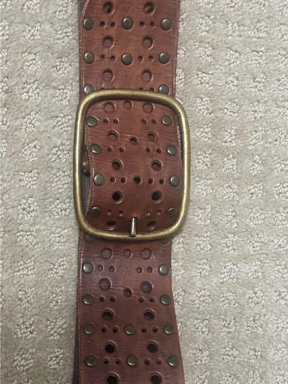 Express Brown Leather Studded Belt with Antique Brass Buckle